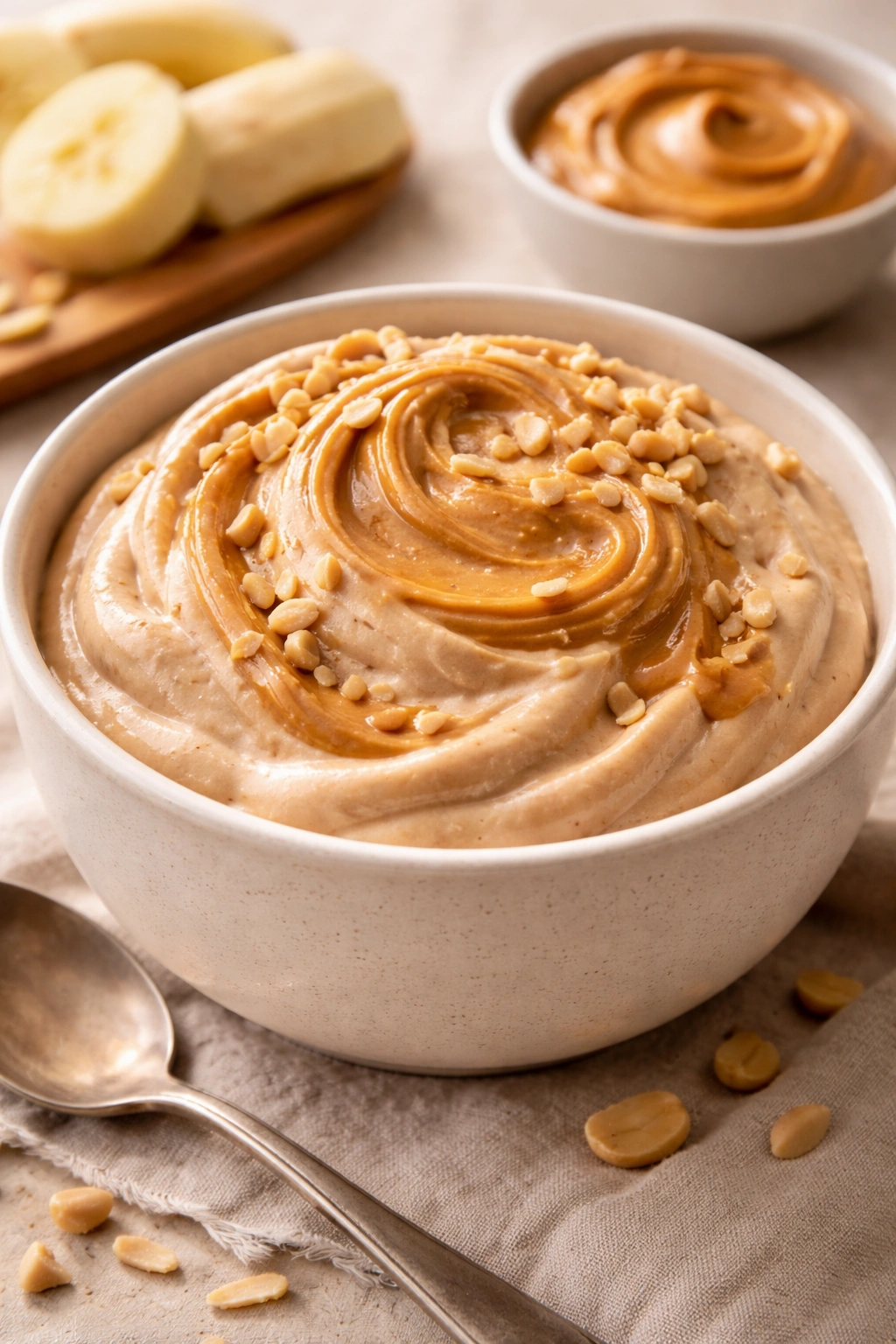 Peanut butter nice cream in a bowl with peanut butter swirl