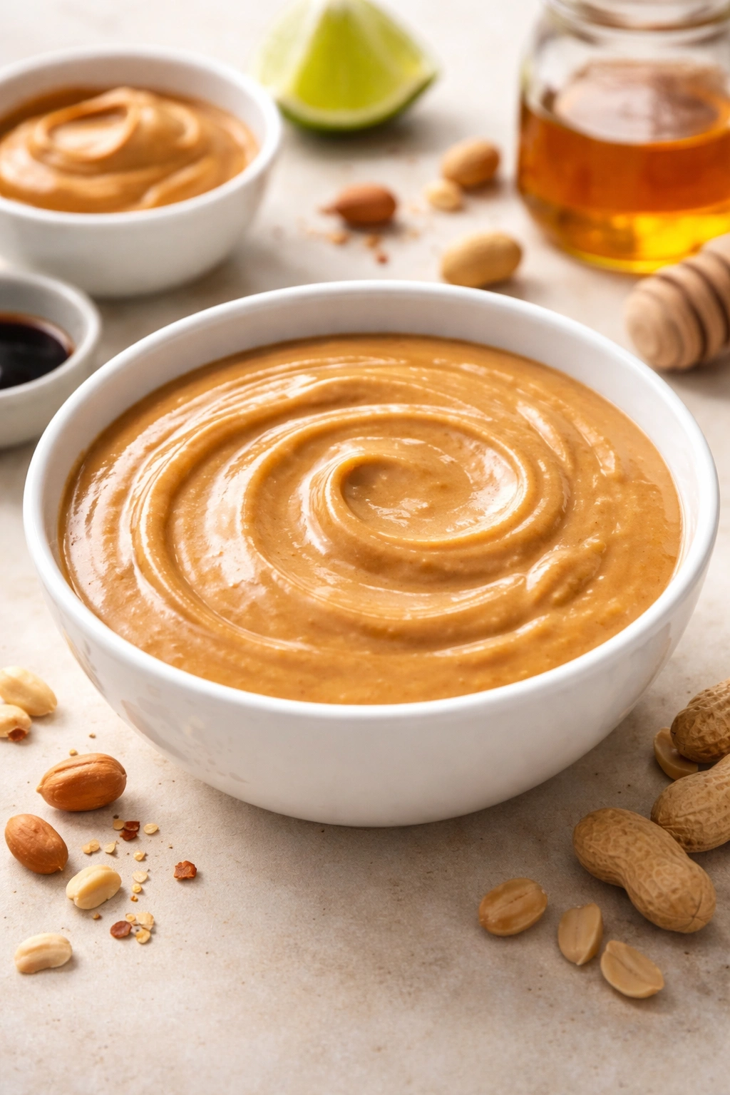 Creamy peanut sauce swirled in a bowl, ready to coat chicken.