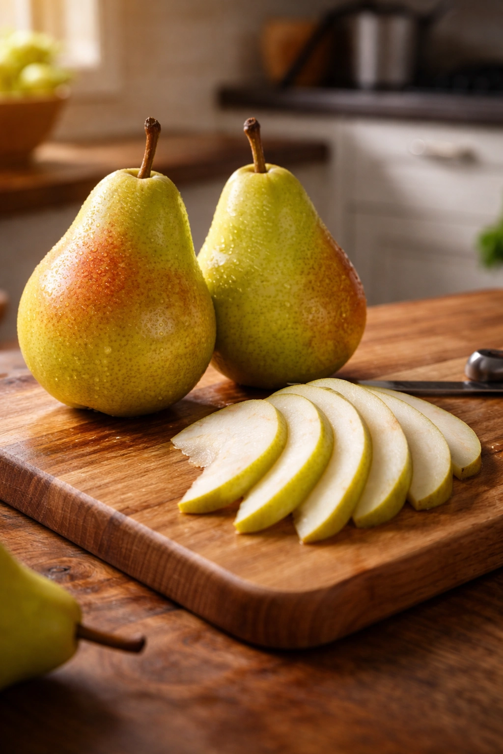 Ripe Bartlett pears with slices on wooden cutting board