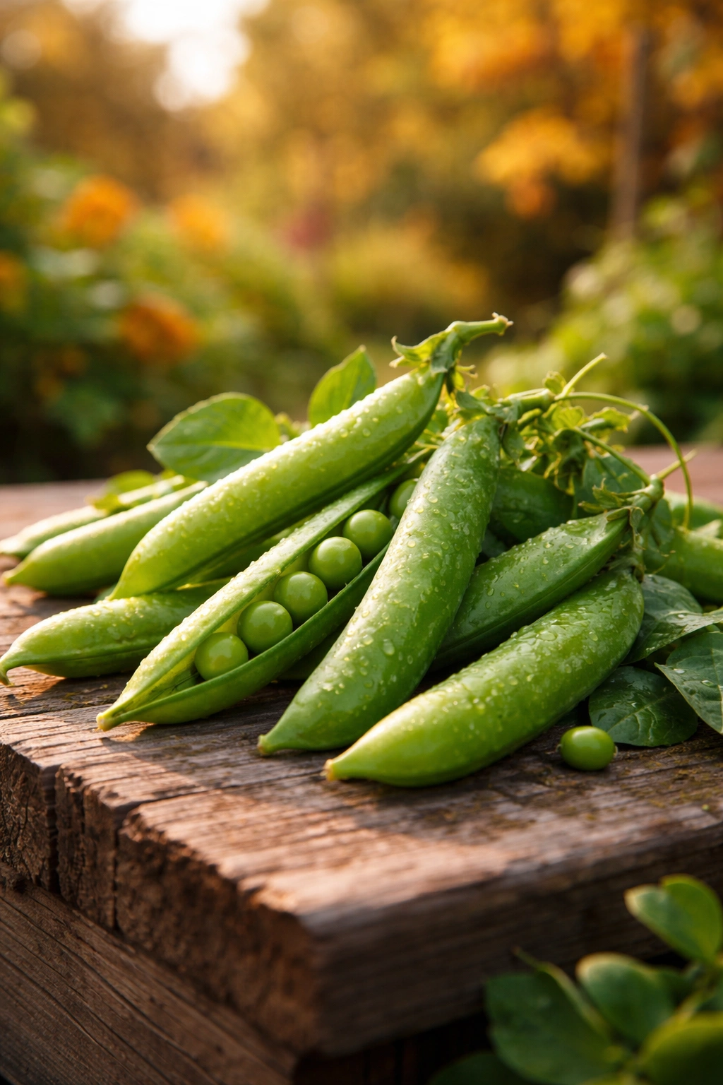 Close-up of vibrant sugar snap pea pods in a fall garden, fresh green peas ready to harvest