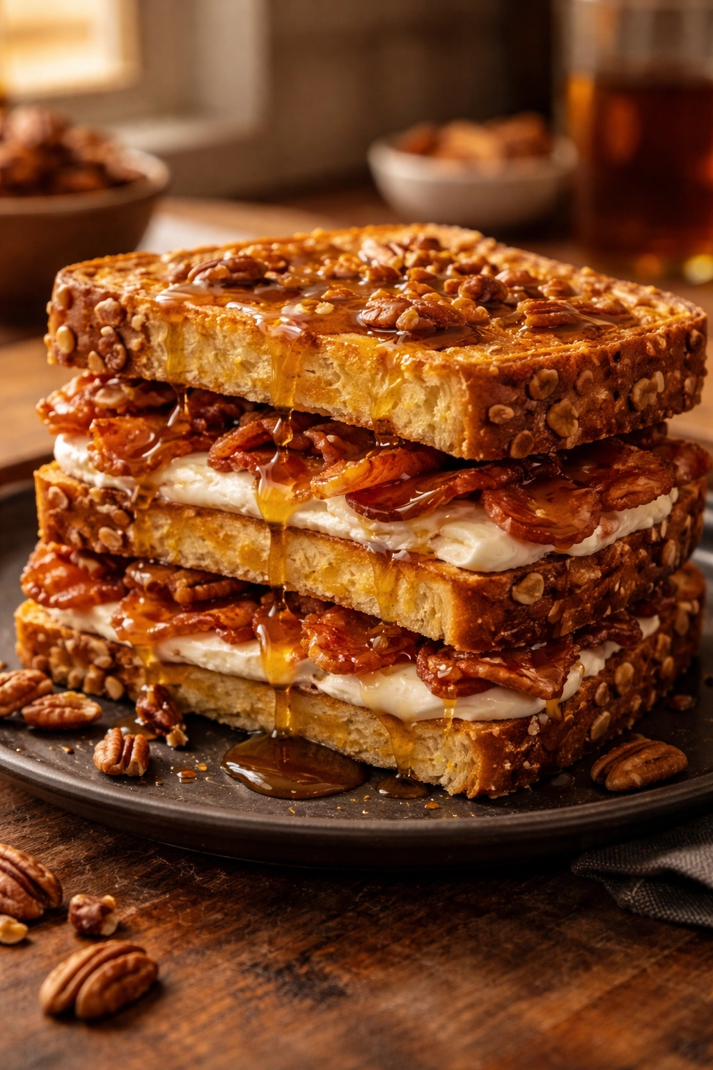 Cross-section of pecan French toast sandwich with cream cheese and bacon