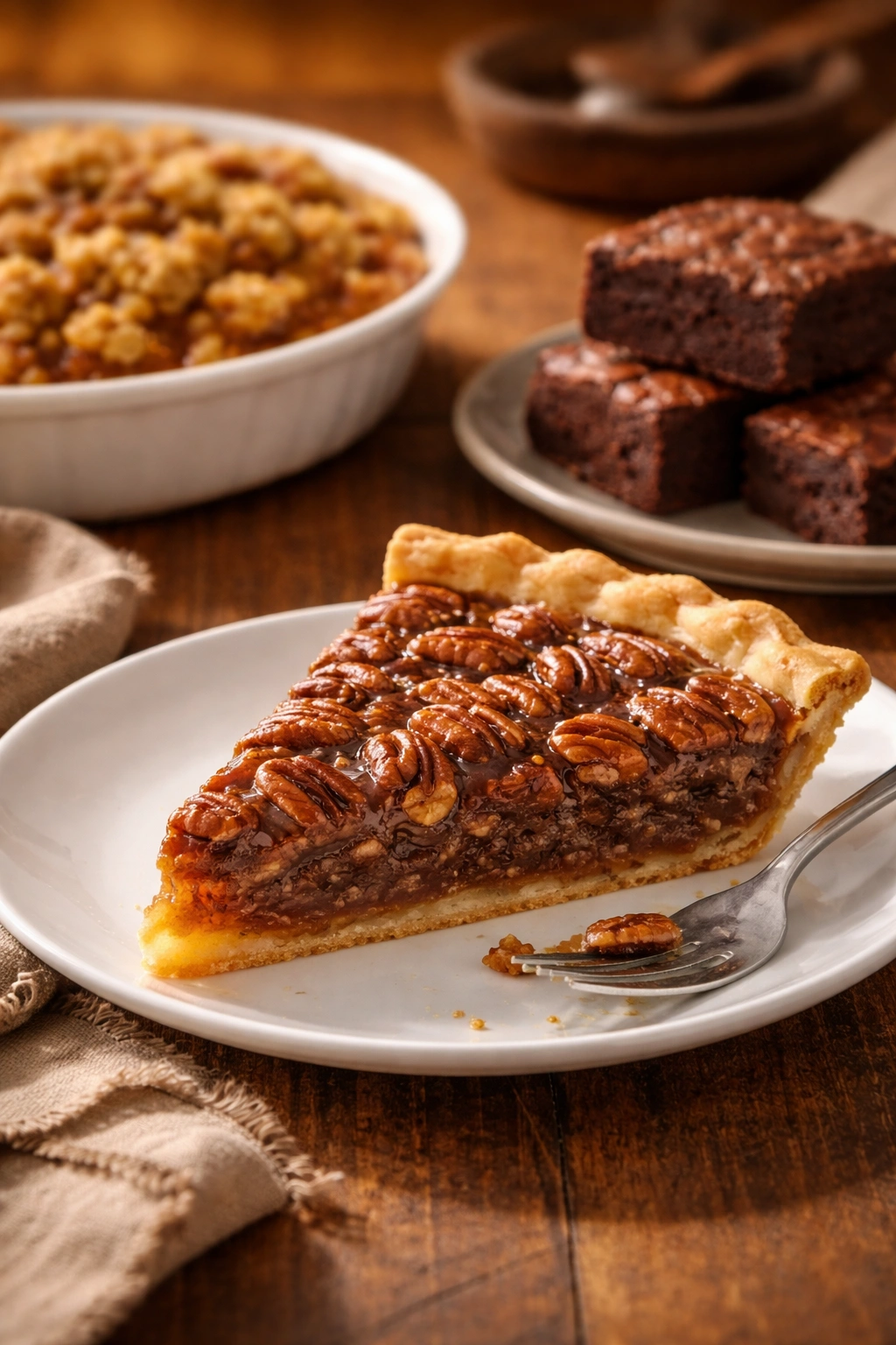 Pecan pie slice on plate with toasted pecans