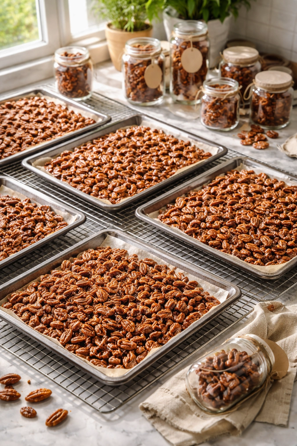 Bulk candied pecans cooling on baking sheets in a bright kitchen