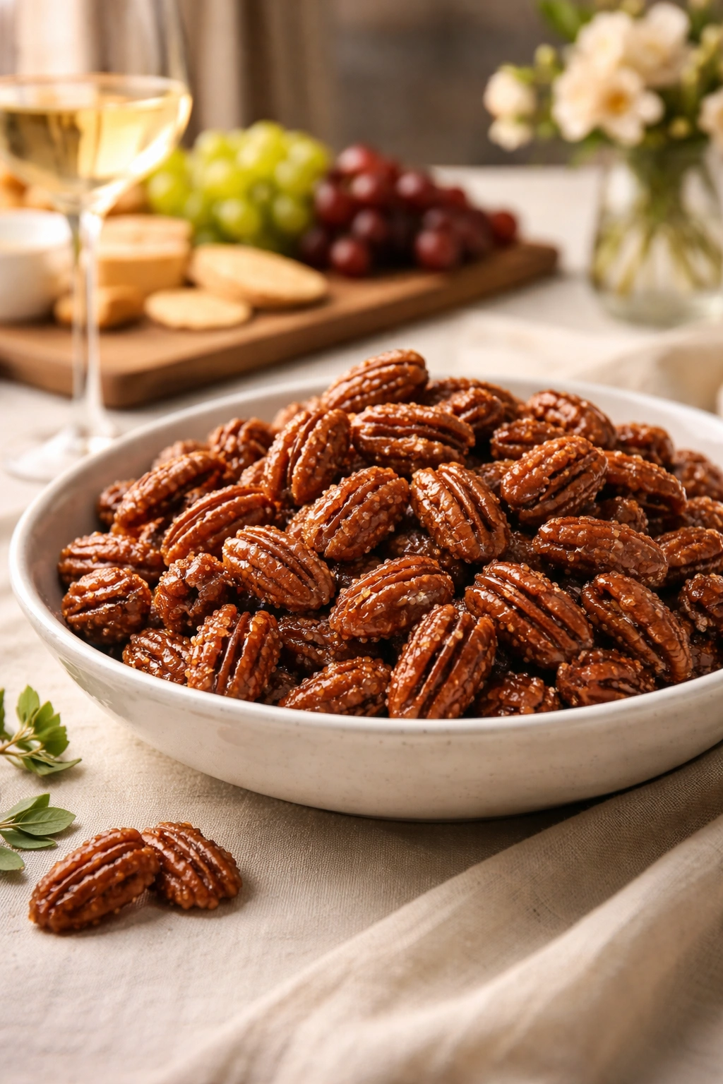 Elegant dish of candied pecans for entertaining