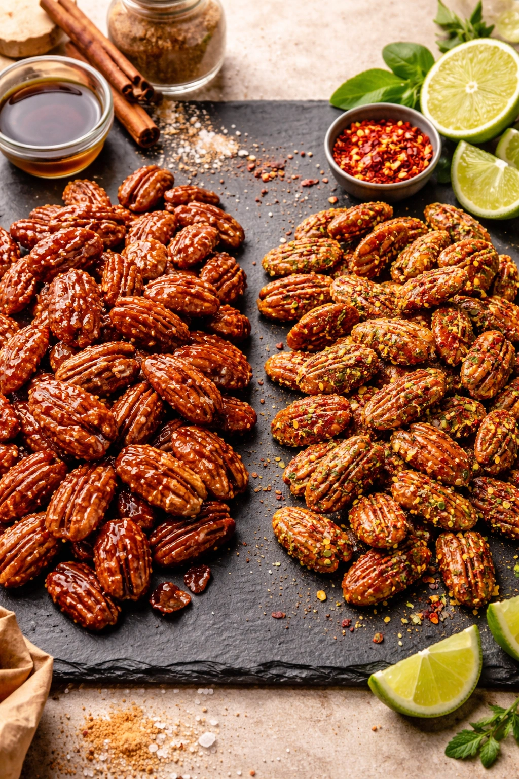 Candied pecans with maple and chili-lime coatings on slate, close-up detail