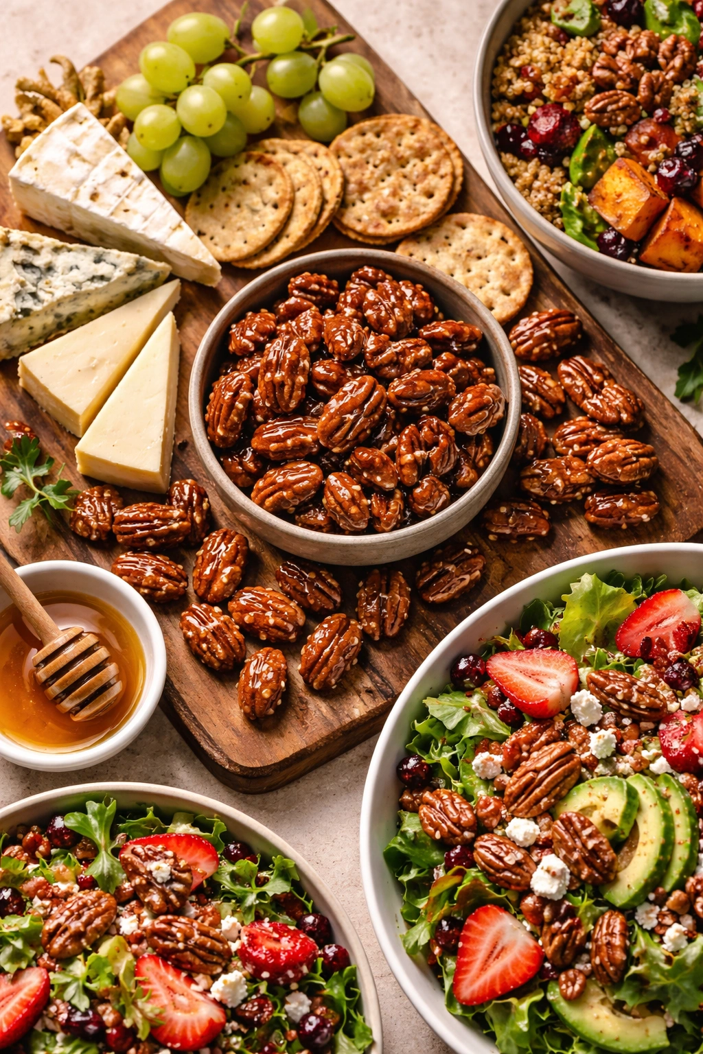 Candied pecans on a cheese board ready for serving