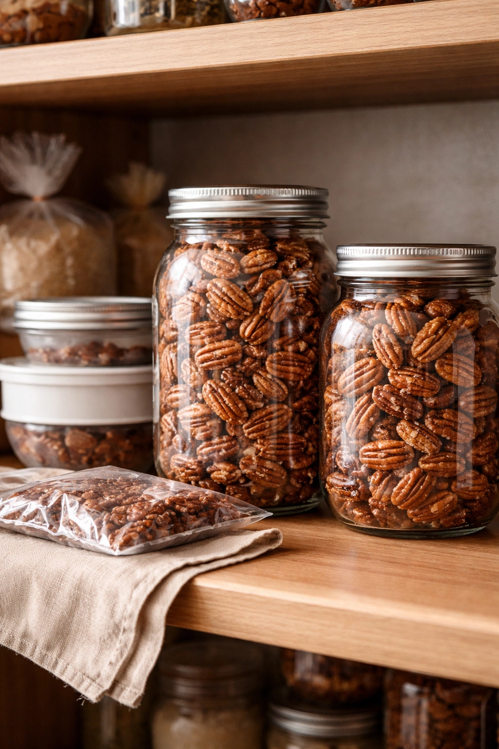 Airtight jars of candied pecans on a pantry shelf