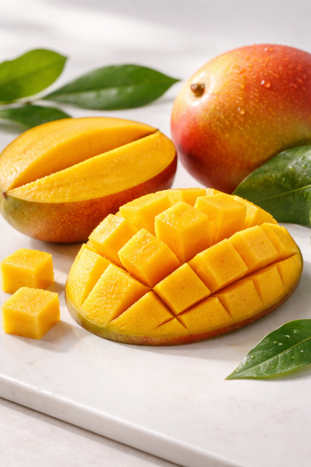 Peeled ripe mango showing juicy flesh on white background