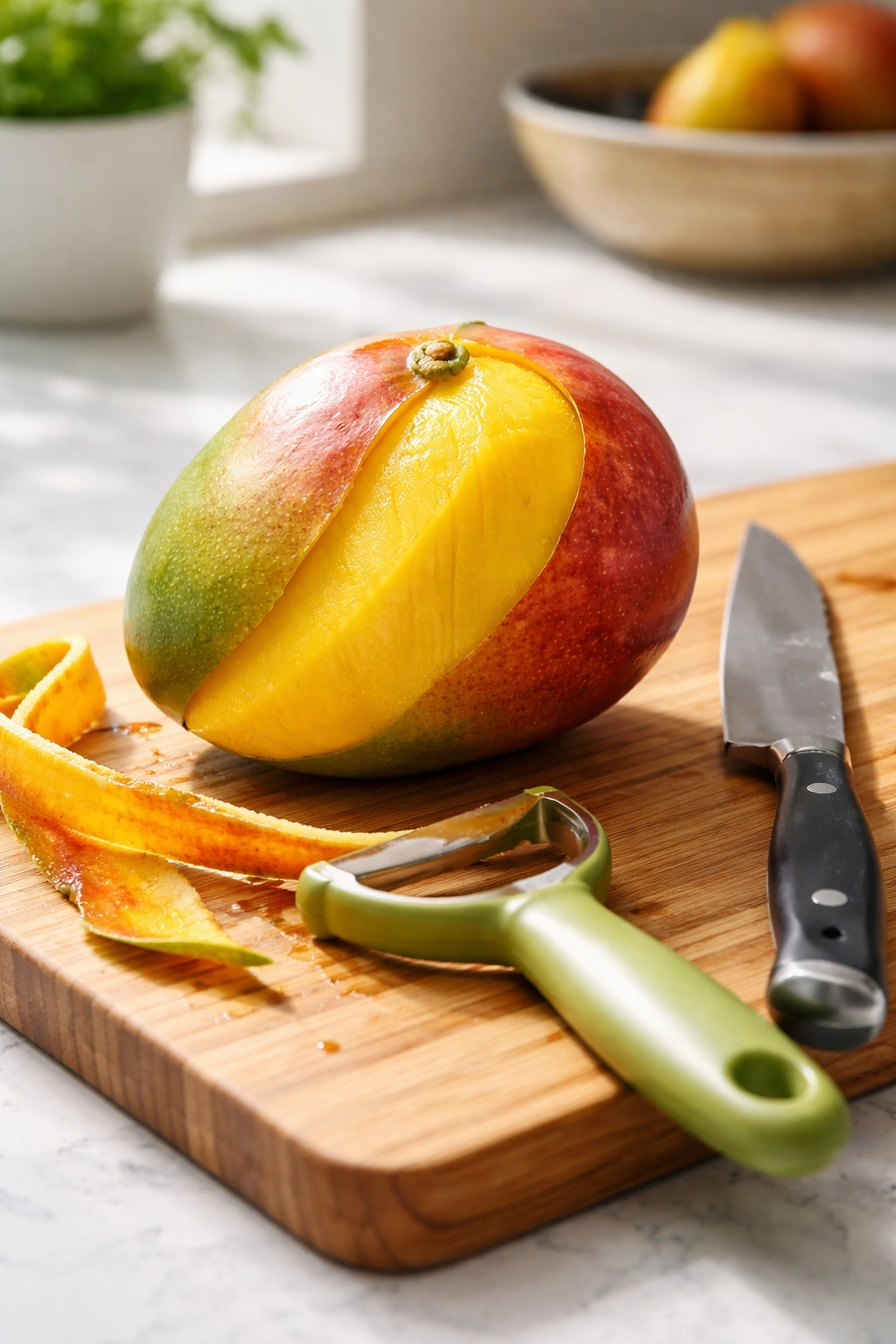 Partially peeled mango on cutting board with knife nearby