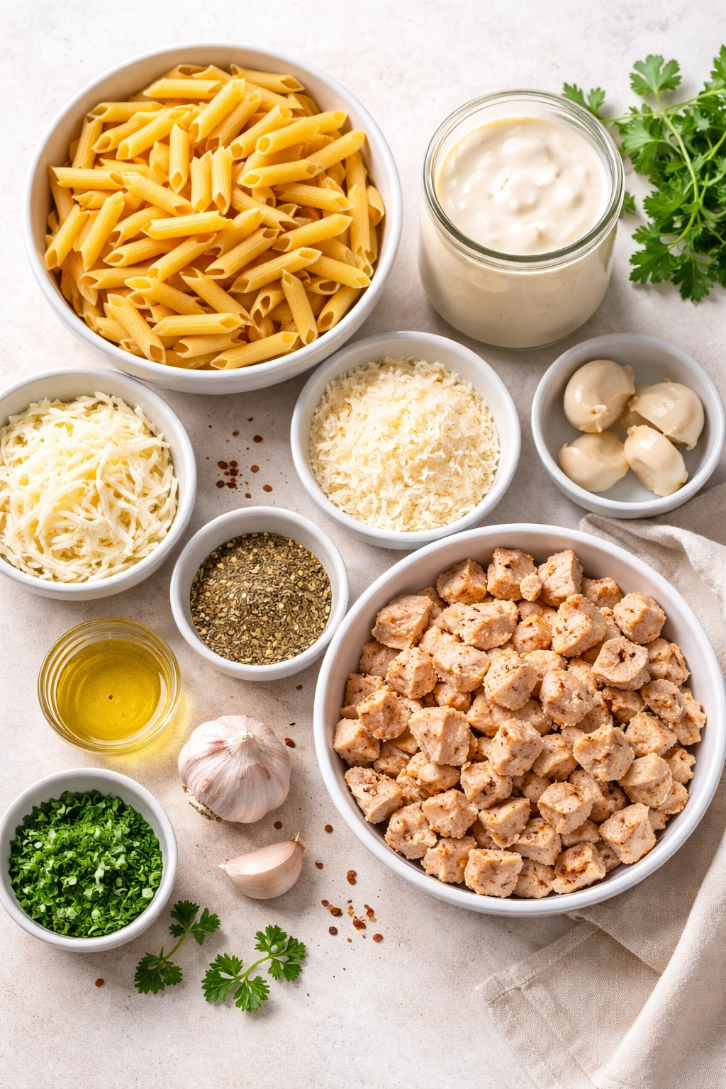 Uncooked penne, mozzarella, Parmesan, chicken, garlic and seasoning arranged for Alfredo bake