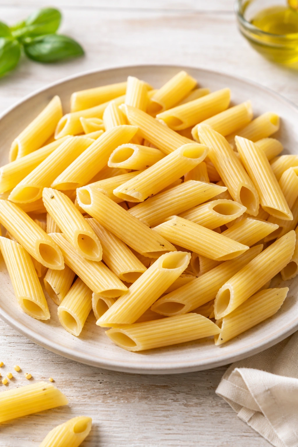Penne pasta tubes with ridges arranged on a plate showing shape and texture