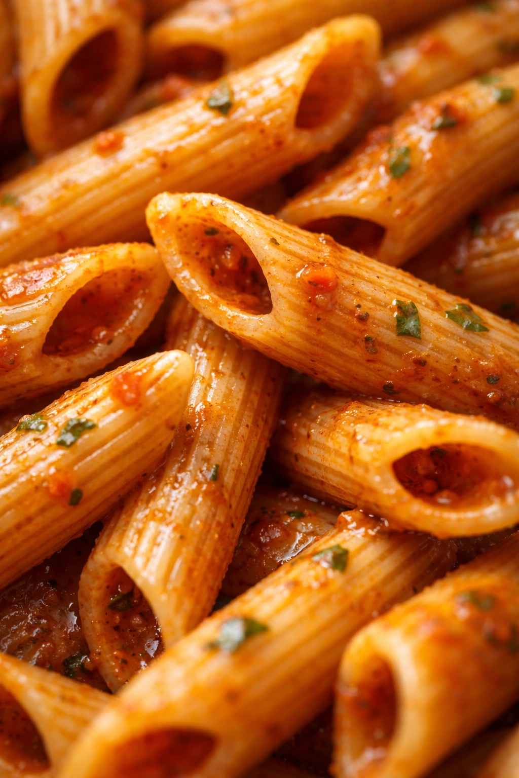 Close-up of penne pasta showing ridges and hollow interiors coated with sauce