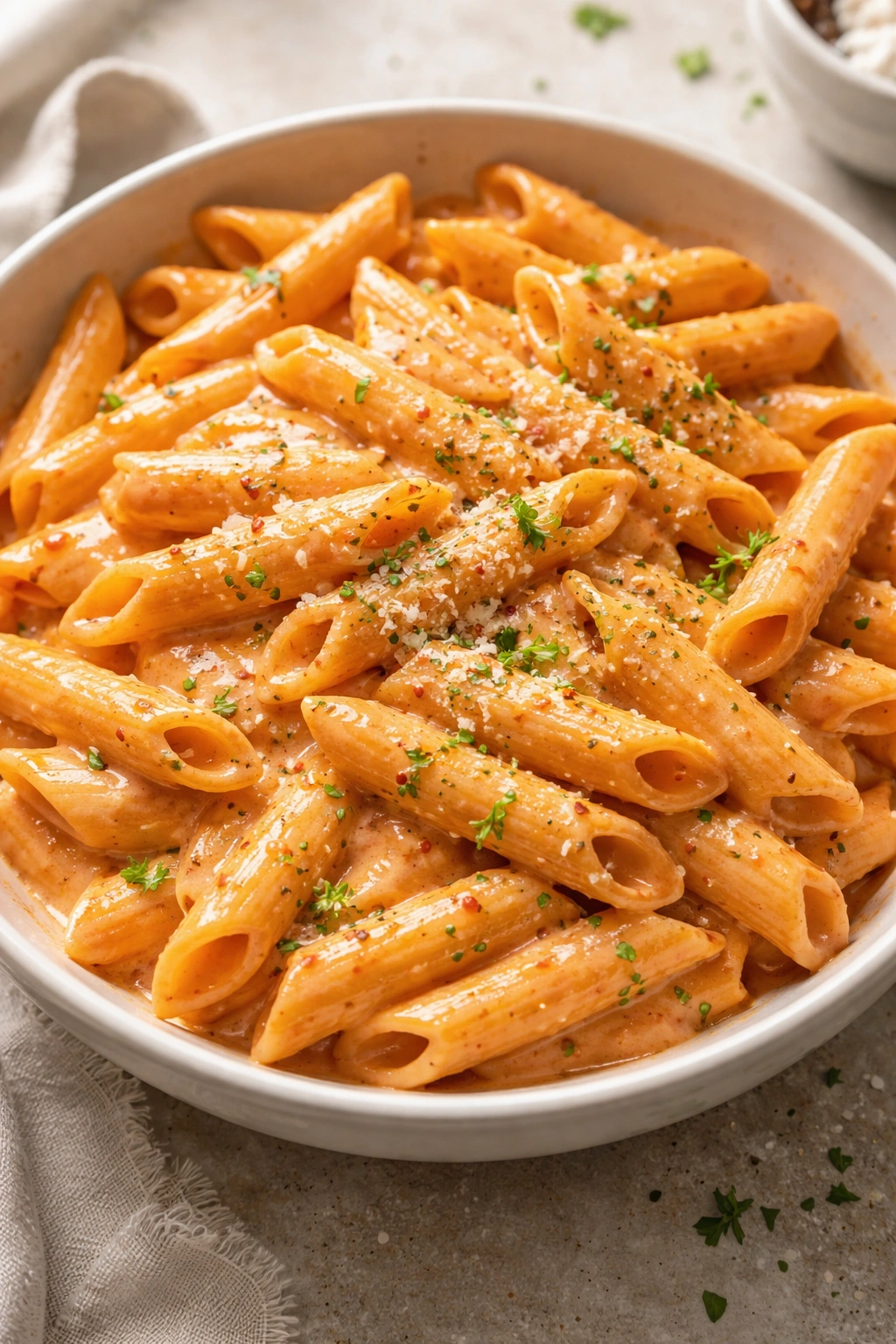 Penne pasta in silky pink vodka cream sauce