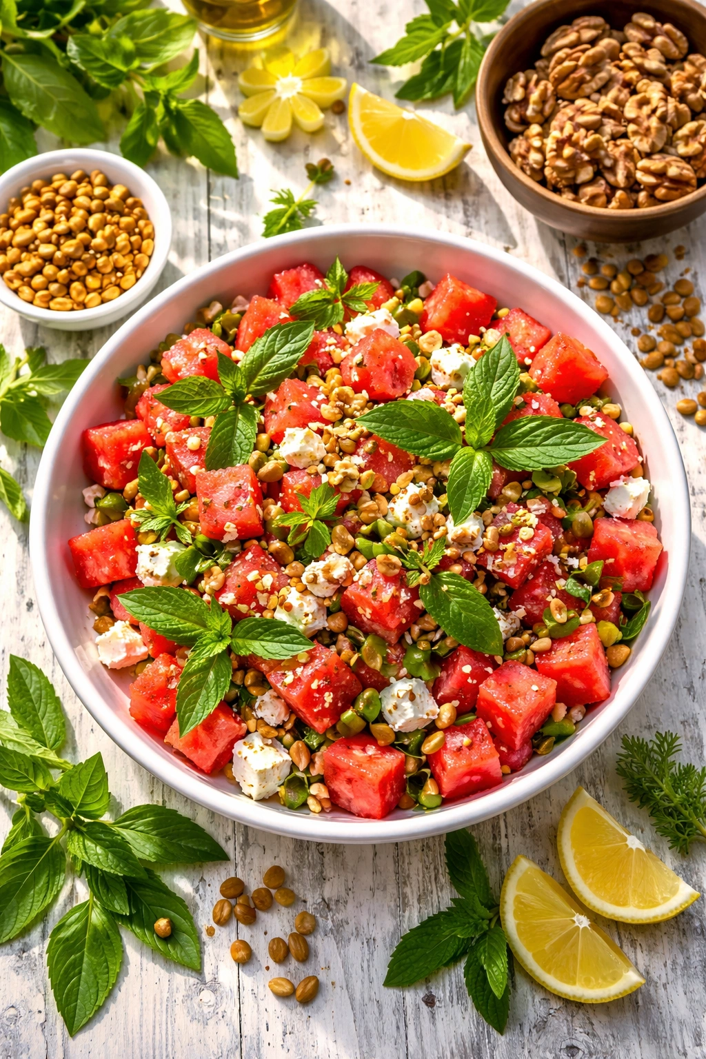 Watermelon feta salad with pepitas mint Thai basil and nuts