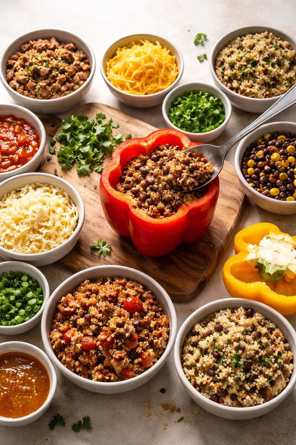 Bell pepper with assorted fillings in small bowls around it illustrating flavor variations