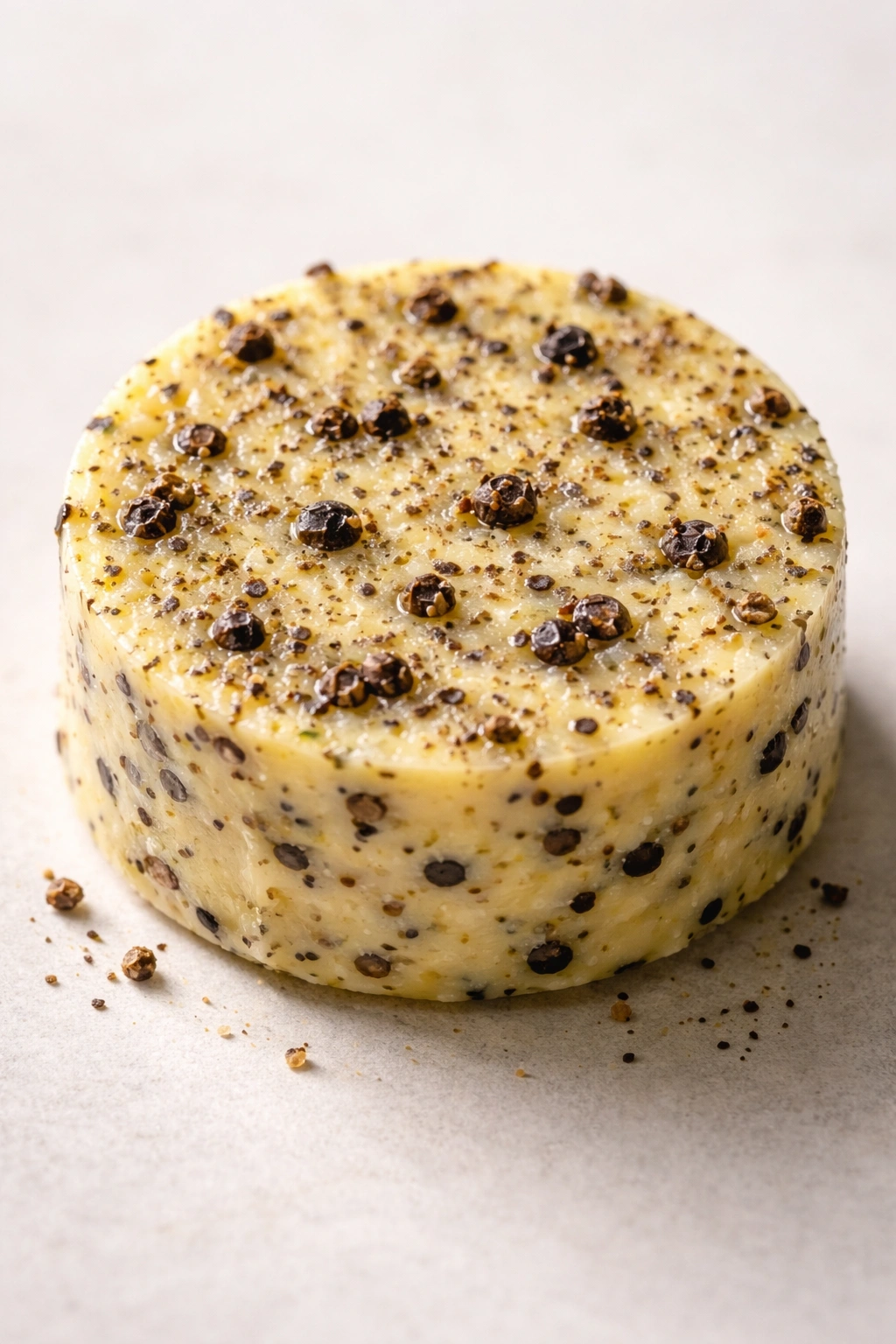 Close-up of peppercorn butter pat with cracked black pepper on neutral surface