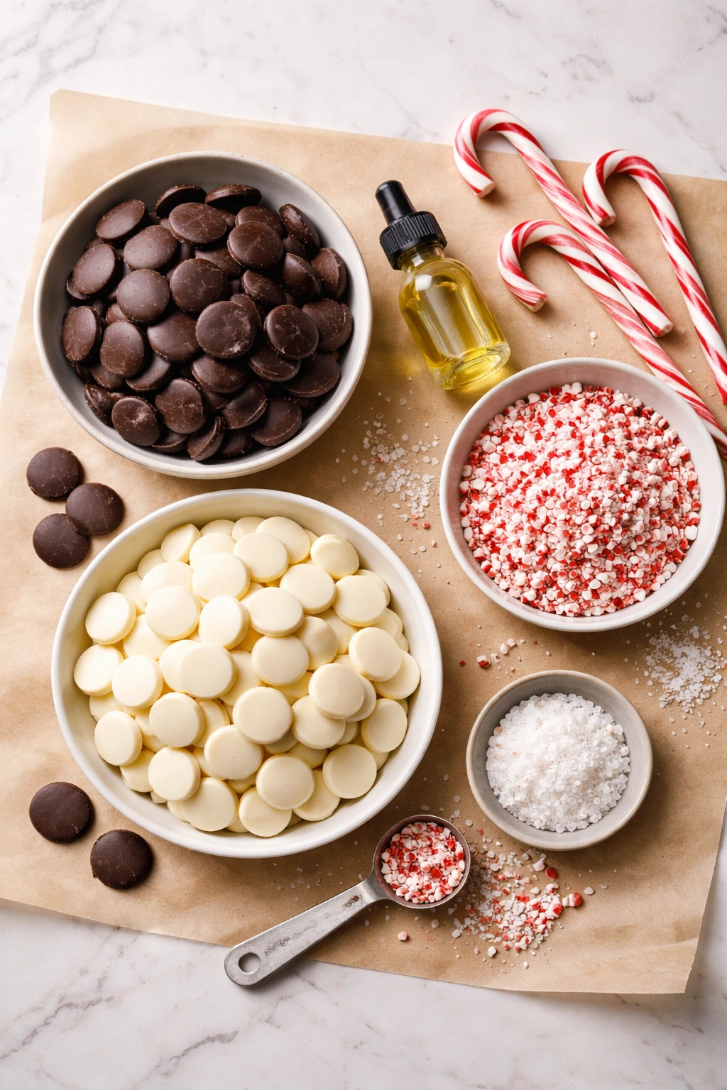 Close-up of dark and white chocolate discs with crushed candy canes and sea salt on parchment ready for peppermint bark