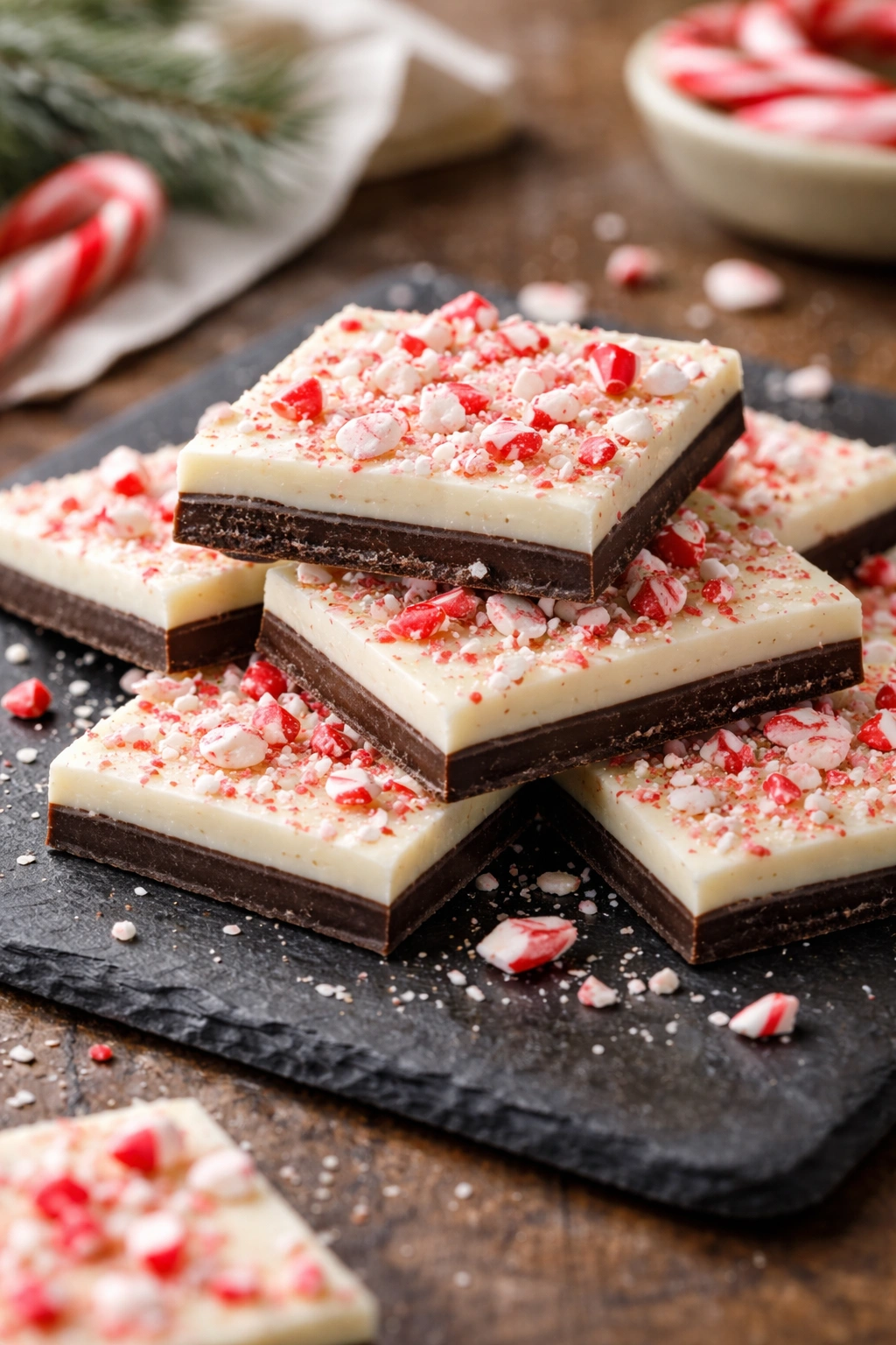 Close-up of layered peppermint bark showing dark and white chocolate with glossy finish