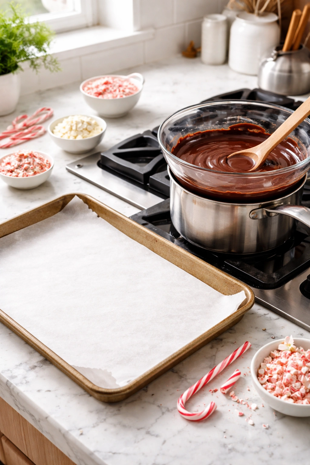 Melted dark chocolate in a double boiler over simmering water ready to be spread on parchment