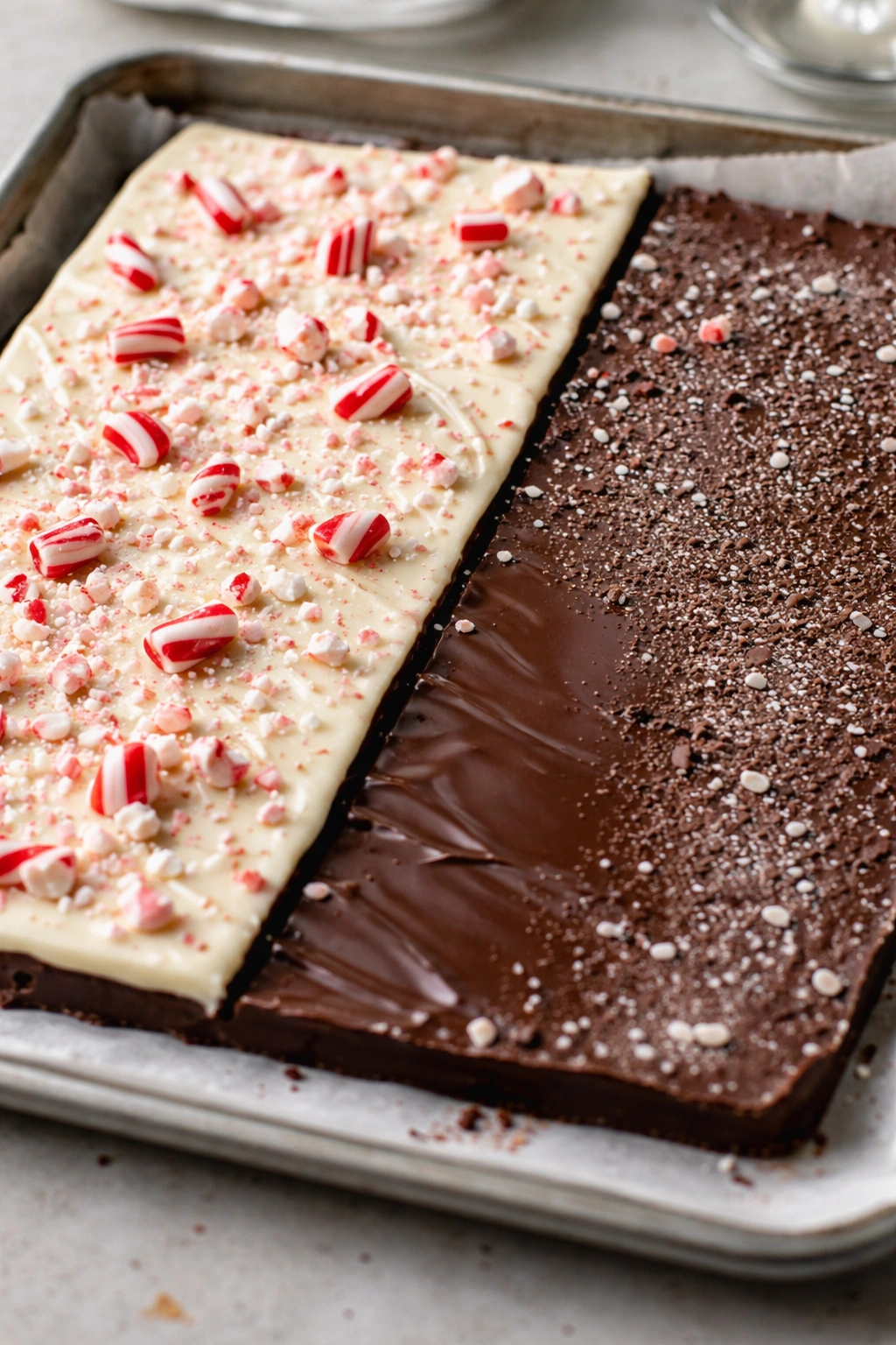 Peppermint bark surface showing a glossy area and a grainy dull area illustrating common mistakes