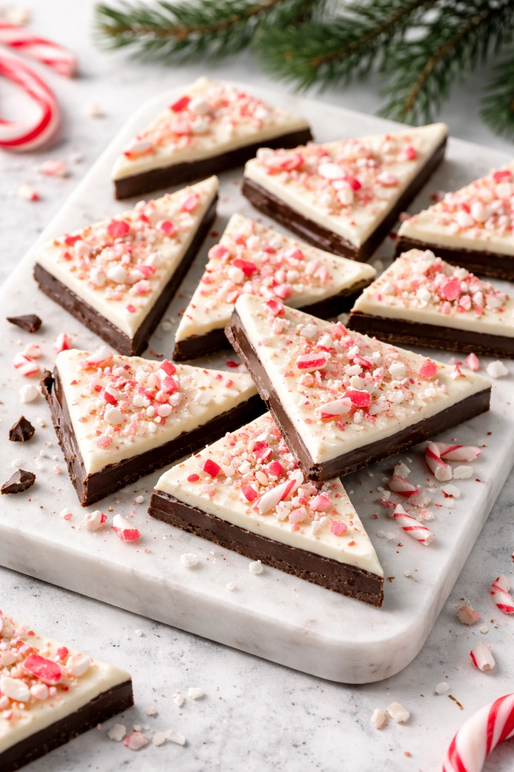 Peppermint bark on marble platter ready for serving