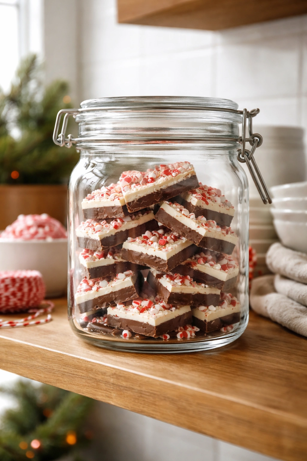 Glass airtight container filled with peppermint bark pieces on a wooden shelf