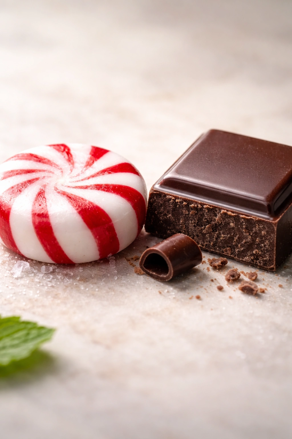 Close-up of peppermint candy and dark chocolate square