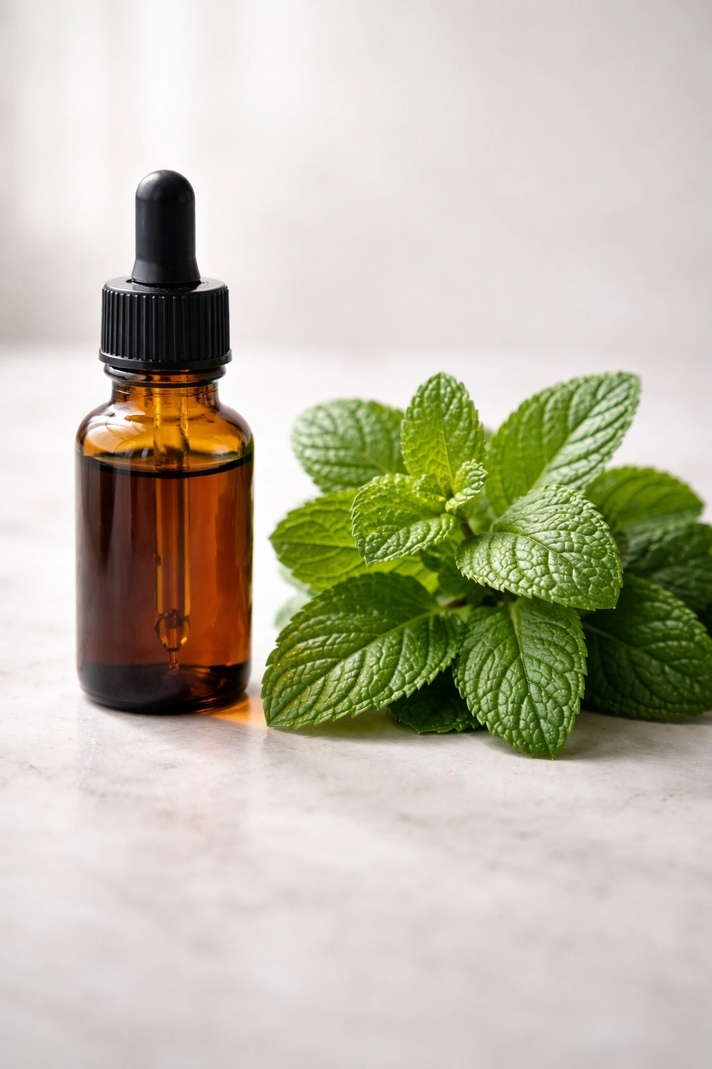 Amber peppermint extract bottle beside fresh peppermint leaves