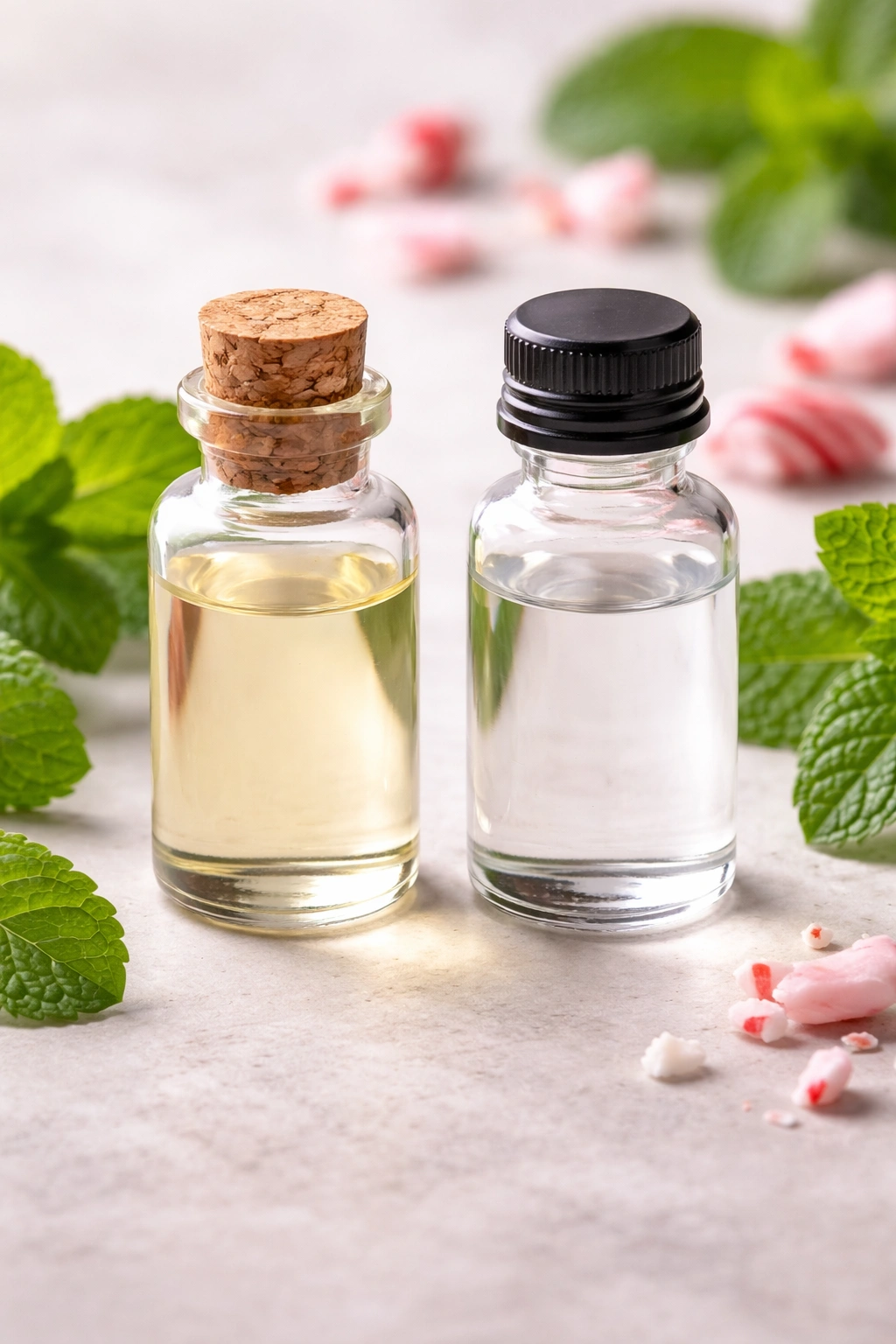 Two glass bottles containing peppermint oil and extract for bark flavoring