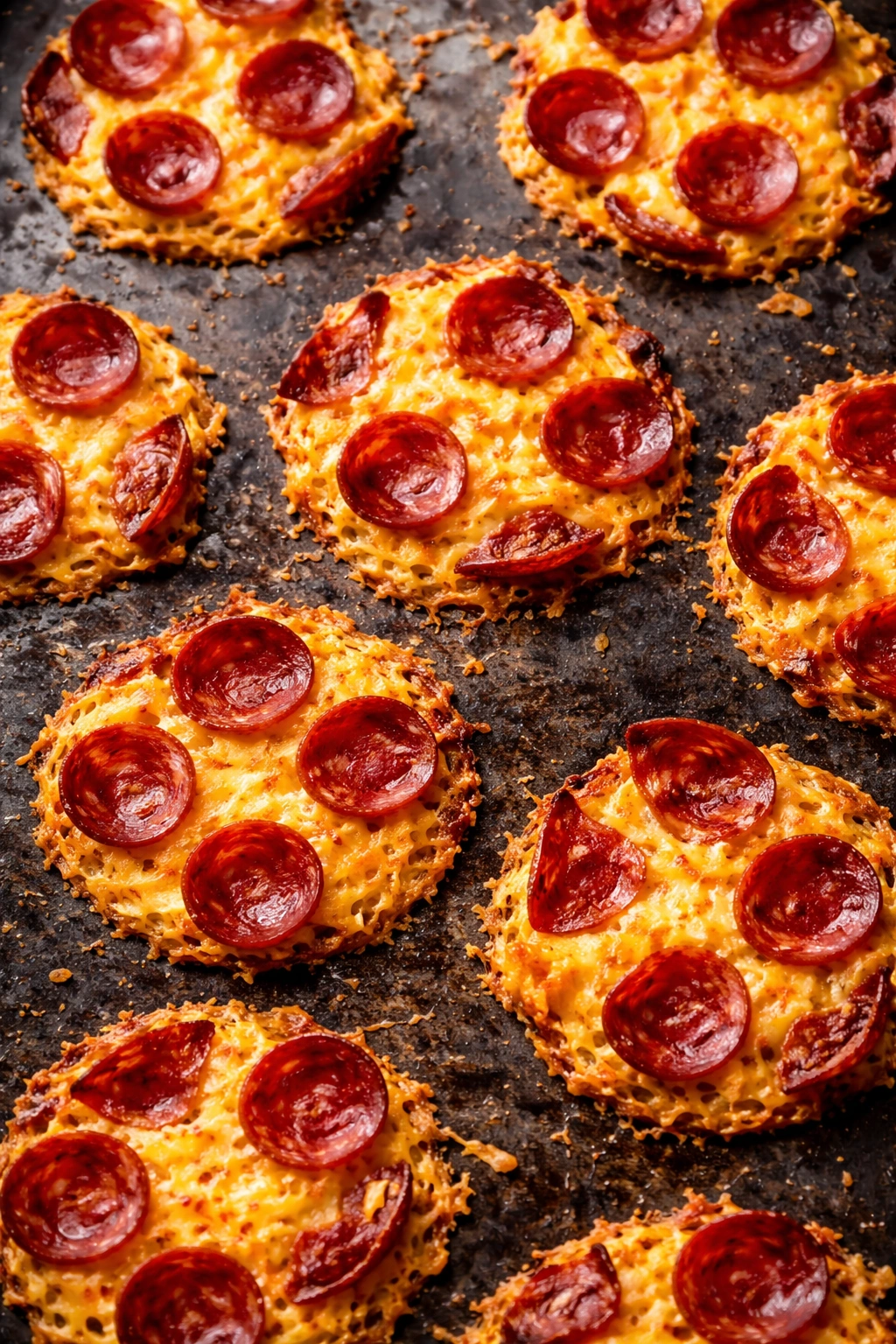 Crispy cheese and pepperoni crisps on a dark sheet
