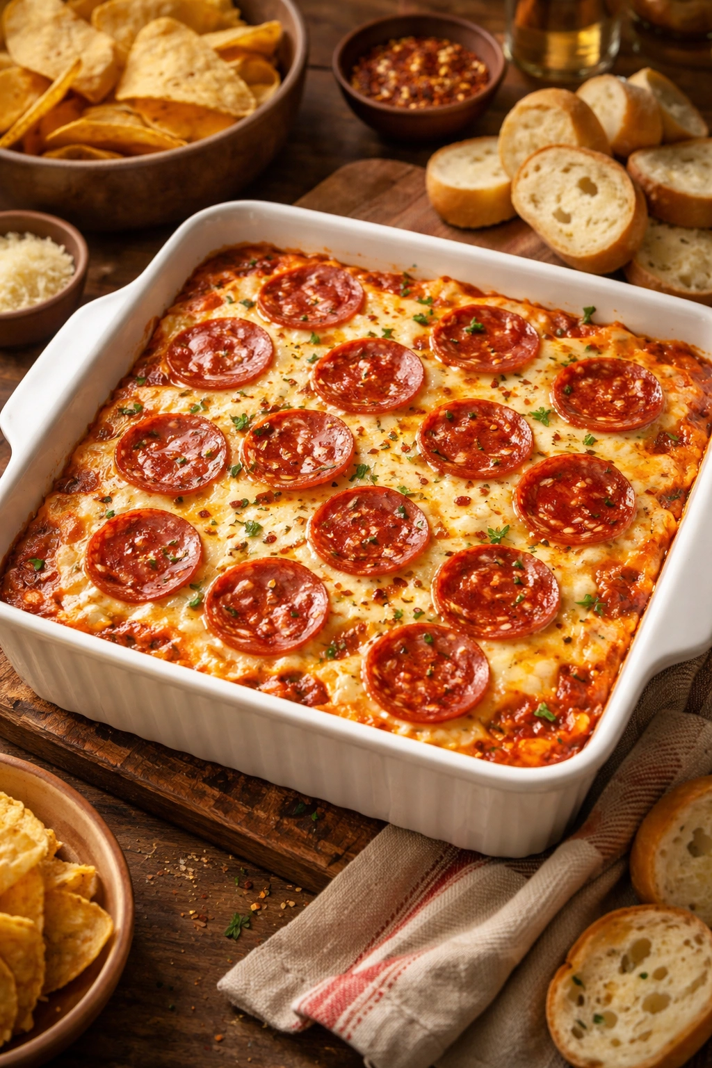 Baked Pepperoni Pizza Dip in a ceramic dish with bubbling cheese and pepperoni
