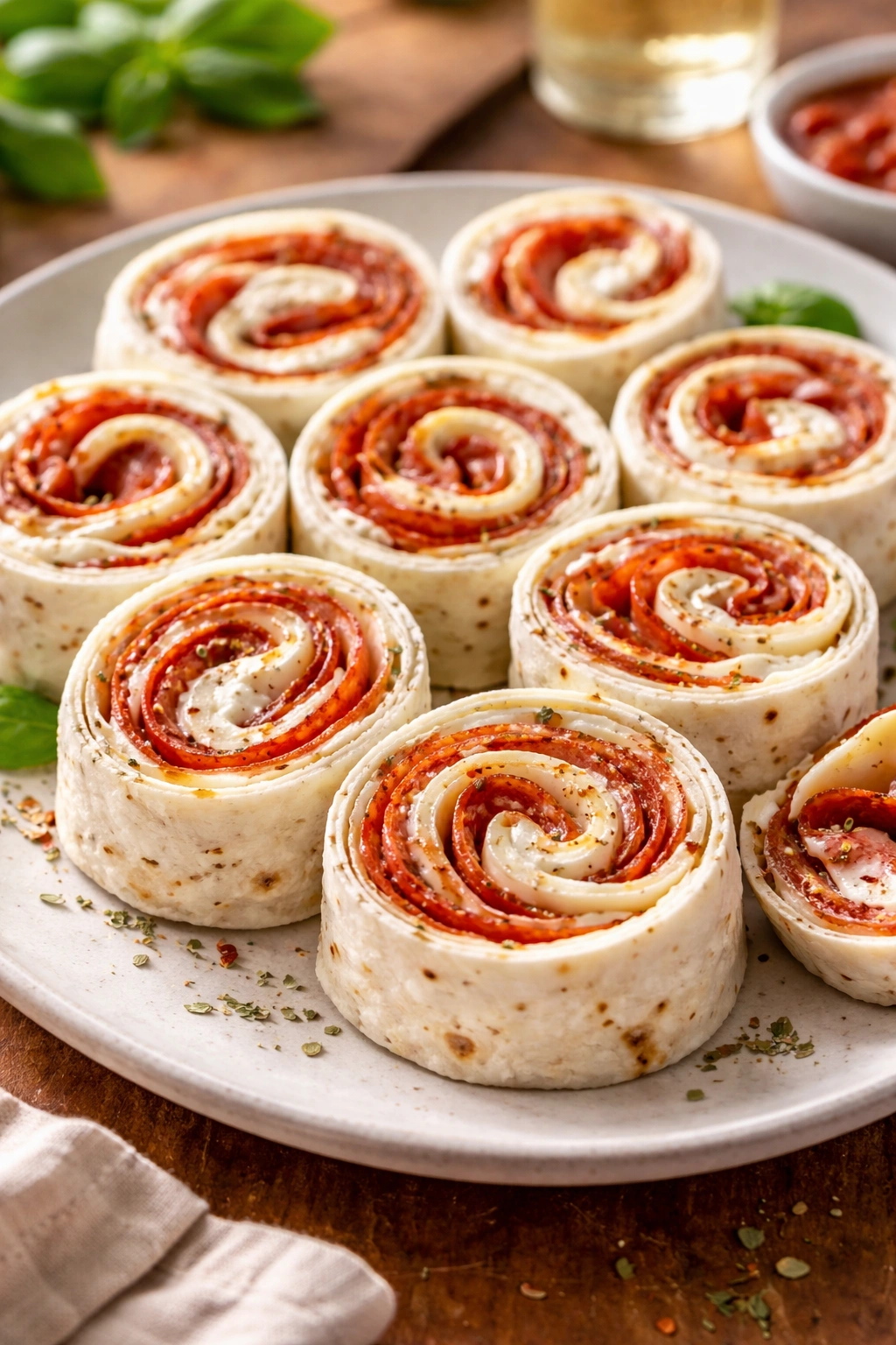 Italian pinwheels with pepperoni and provolone cross-section on a platter