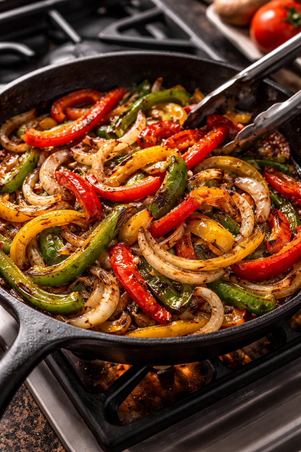 Charred peppers and onions in a skillet ready for fajitas