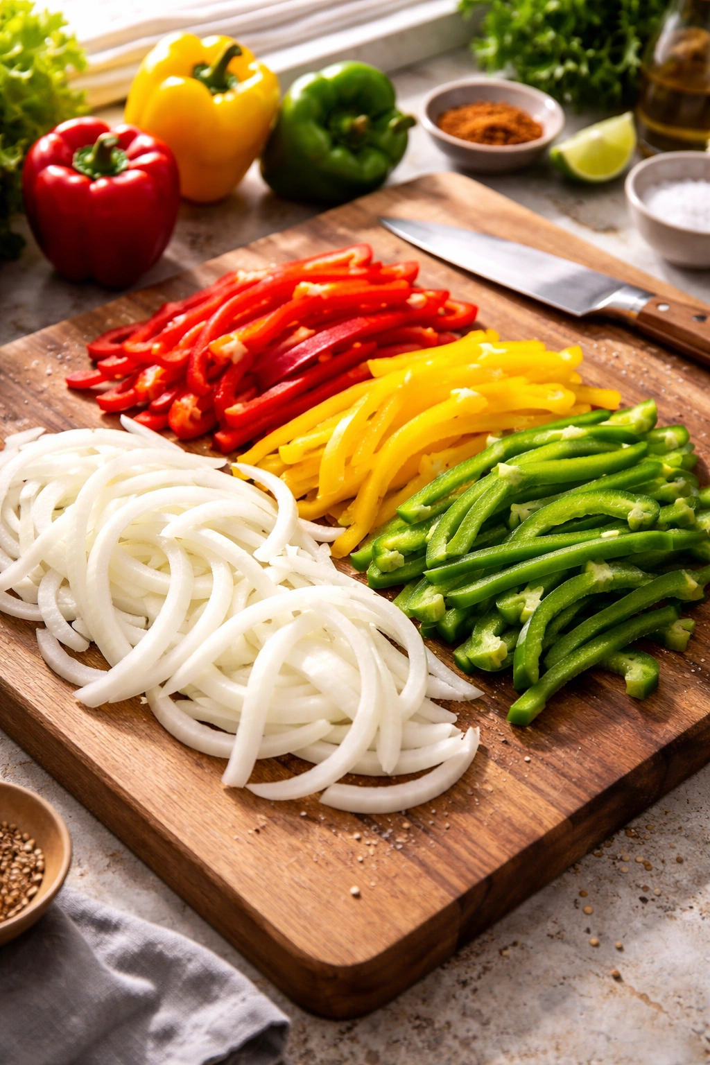 Colorful sliced peppers and onions on a cutting board