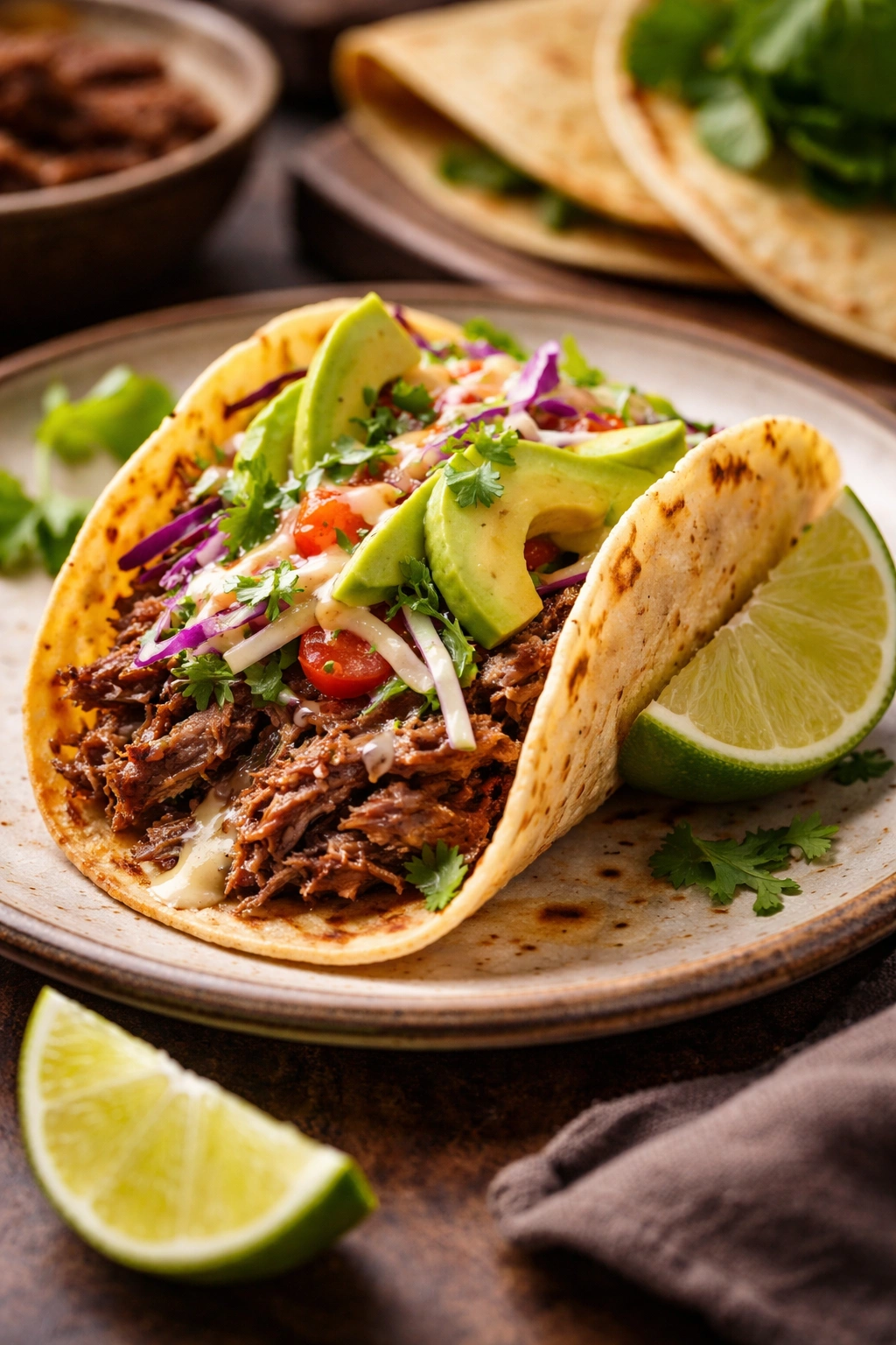 Finished beef taco with toppings on plate