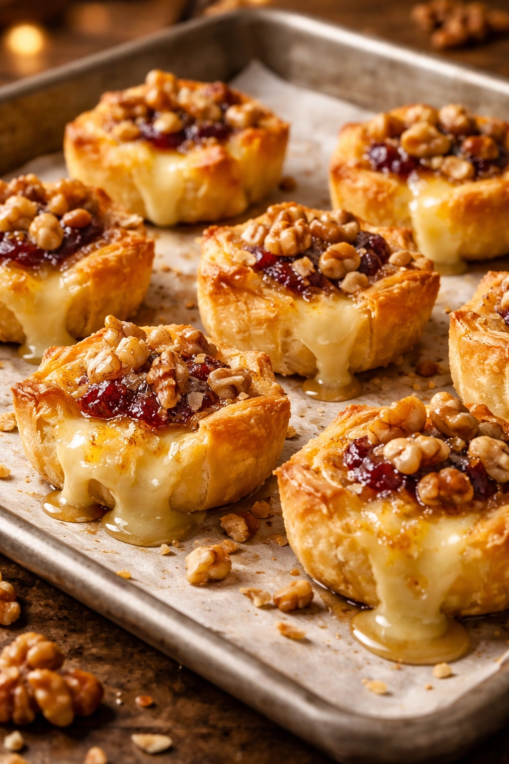 Brie bites with toasted nuts on parchment, showcasing perfect bake