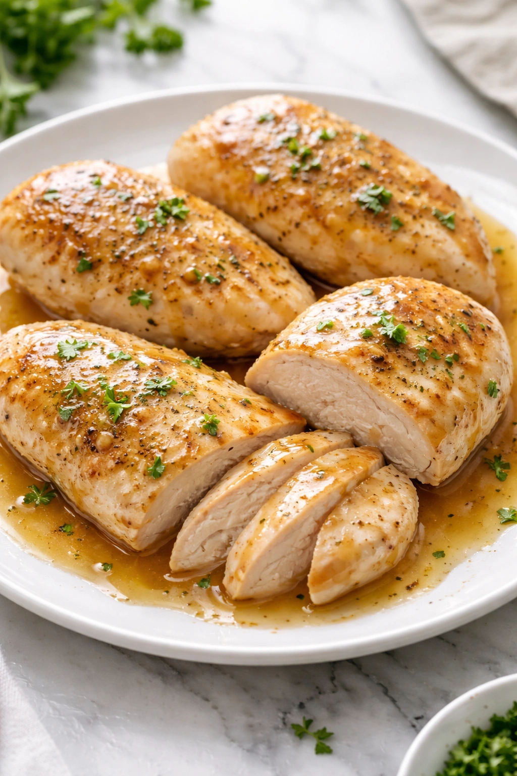 Close-up of four juicy chicken breasts with light gravy on a white plate