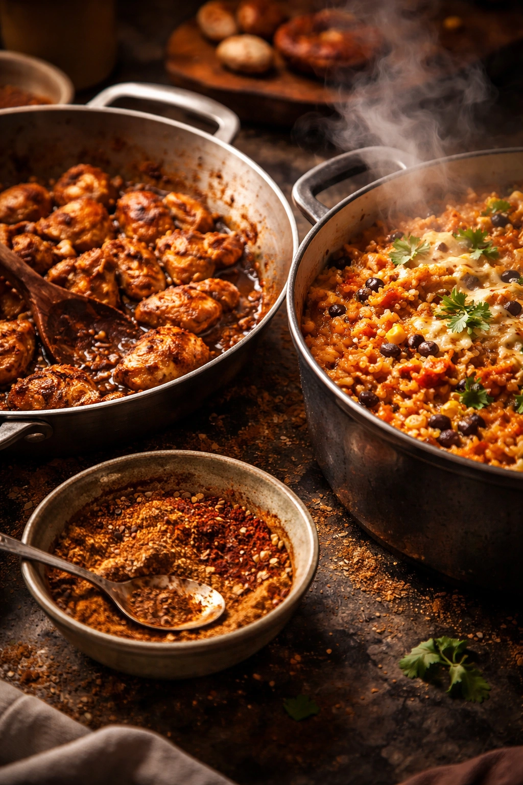 Fond in a pan with toasted spices and steaming rice for perfect enchilada rice