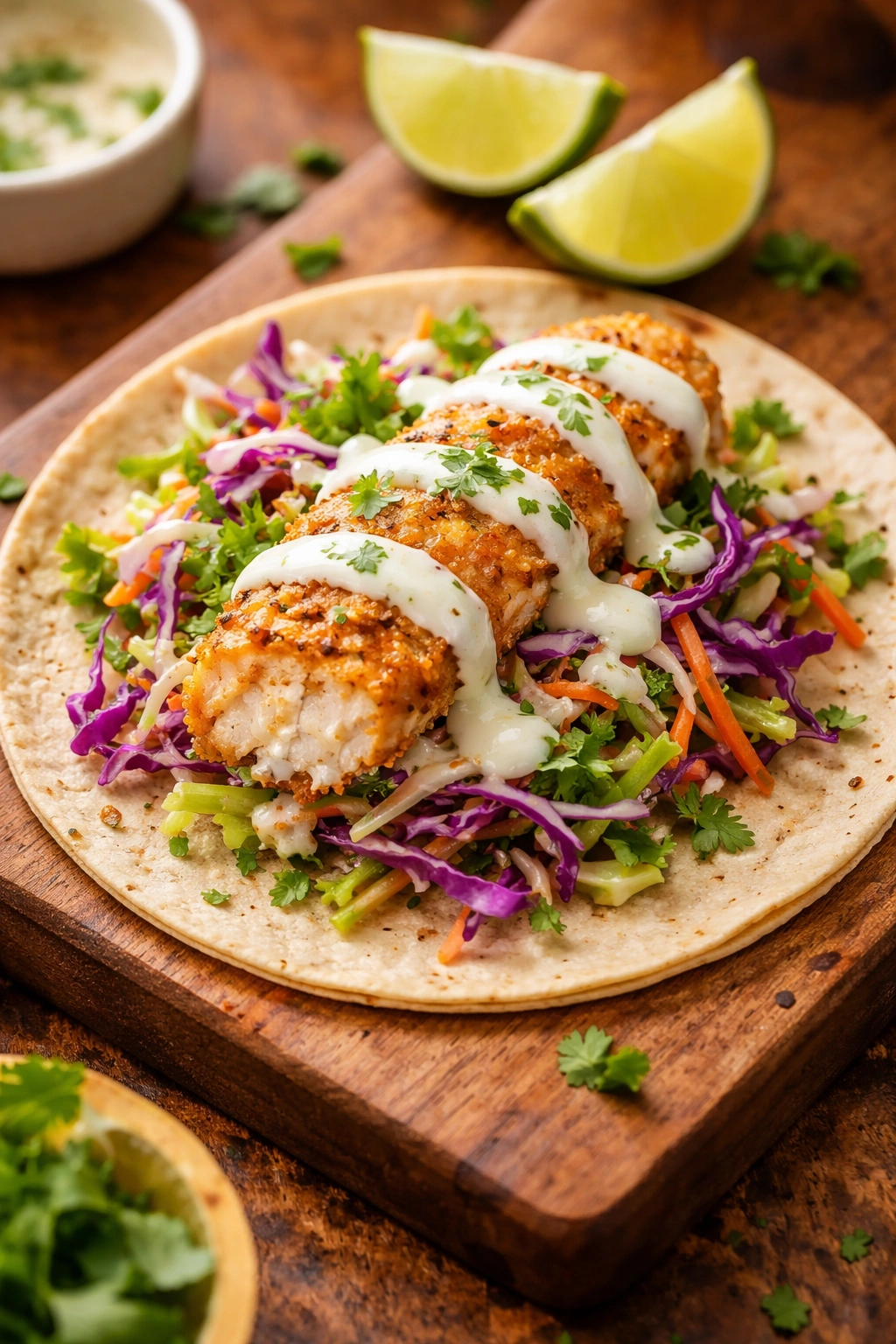 Layered fish taco on a wooden board showing slaw, fish, and crema