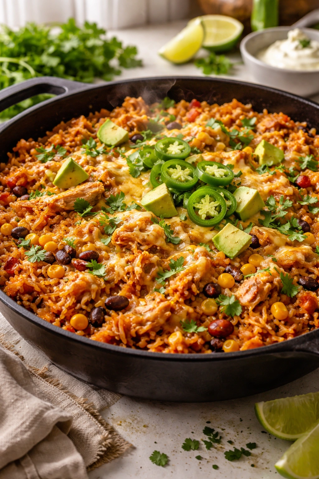 Close-up of a glossy, perfectly cooked chicken enchilada rice in a skillet with steam
