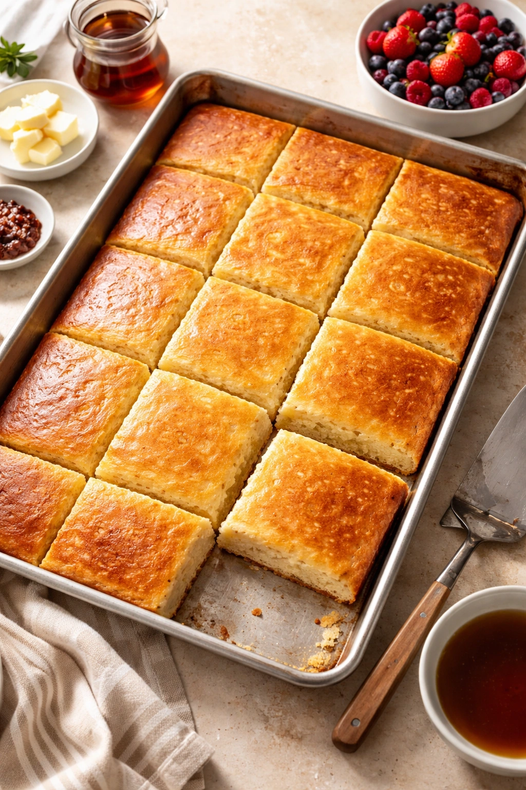 Warm-toned sheet pan pancakes with caramelized edges on a clean counter