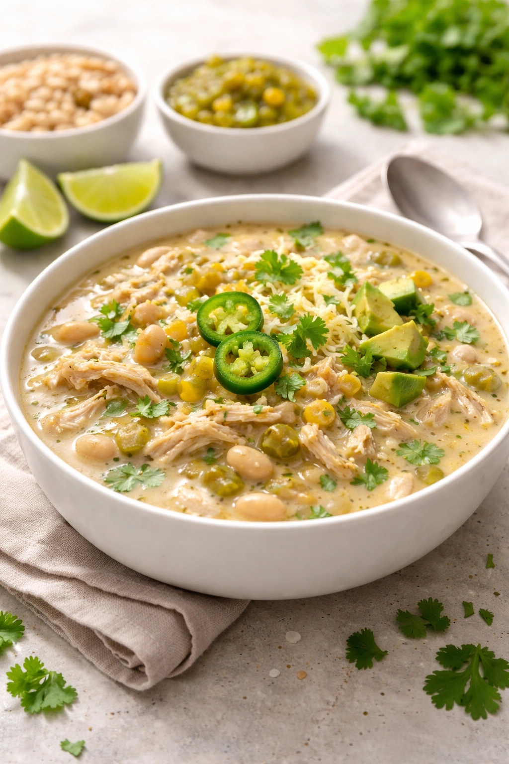 Glossy bowl of white chicken chili with beans on a clean countertop