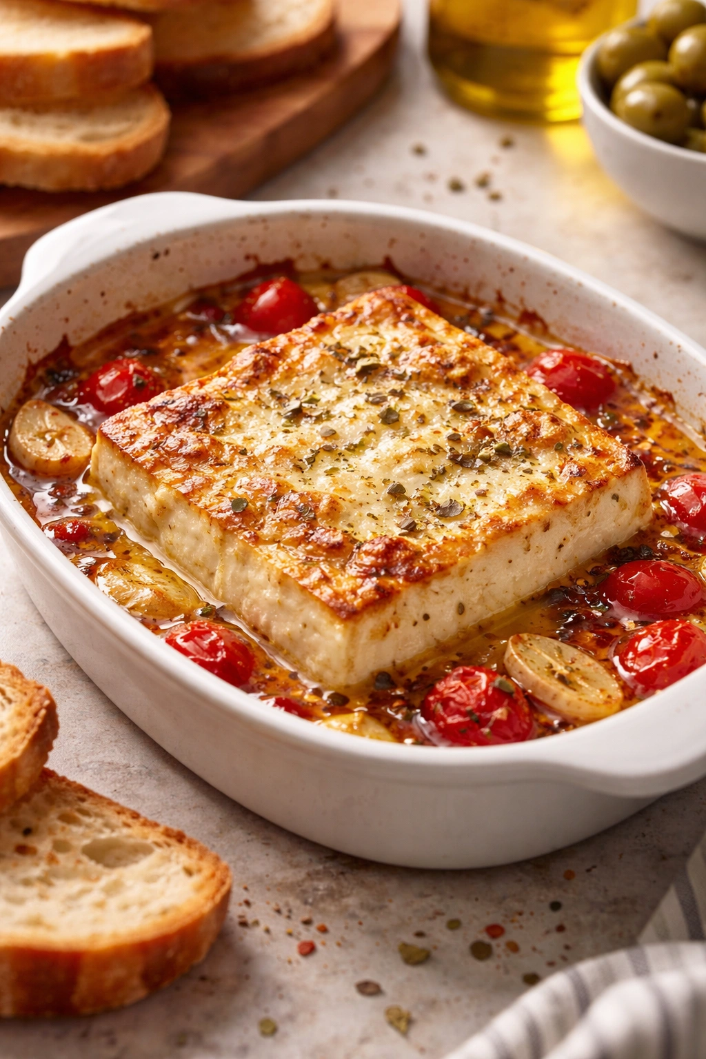 Creamy, sunken center baked feta with browned edges and olive oil