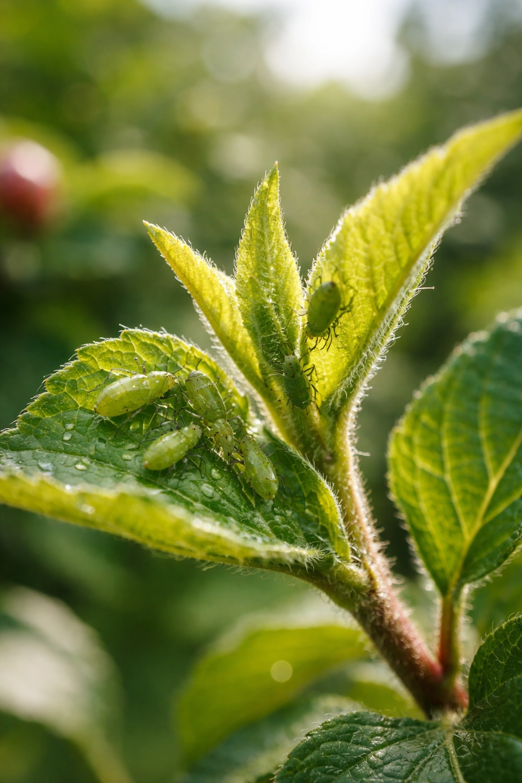 Macro of aphids on a leaf illustrating pest management in a home fruit garden
