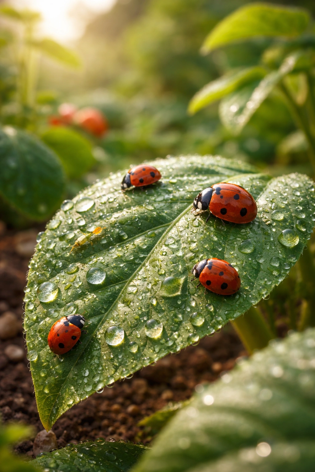 Leaf with ladybugs on a healthy plant illustrating natural pest control