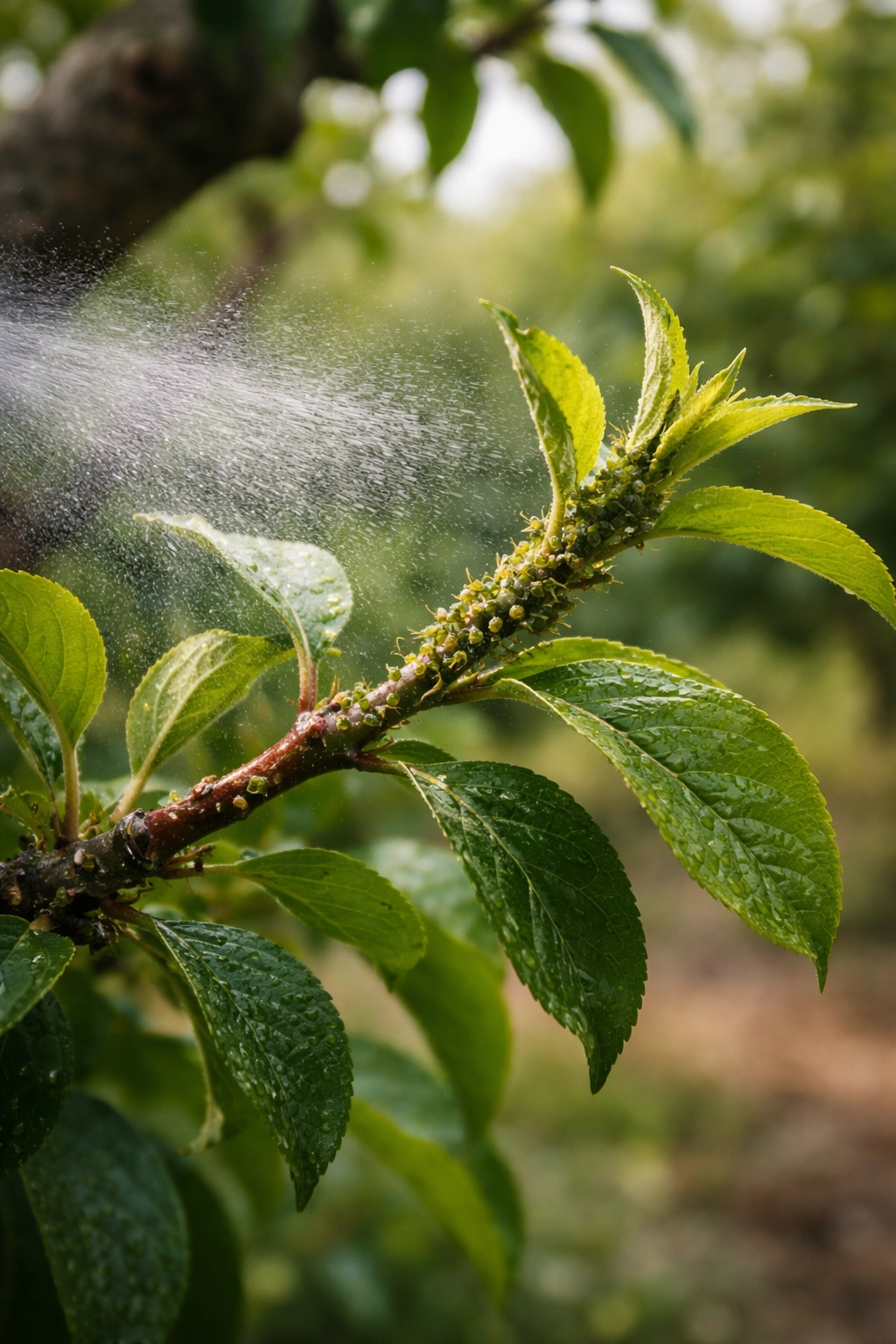 Macro shot of aphids on new growth of a fruit tree with light mist indicating pest management.