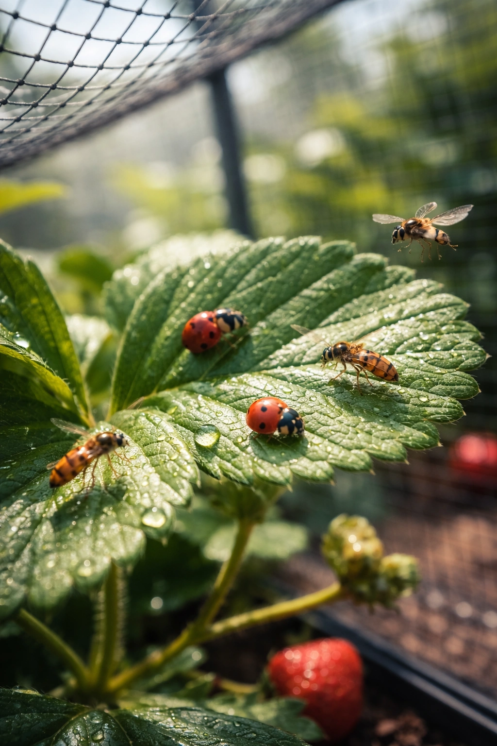 Leaf with ladybugs and hoverflies inside a fruit cage.