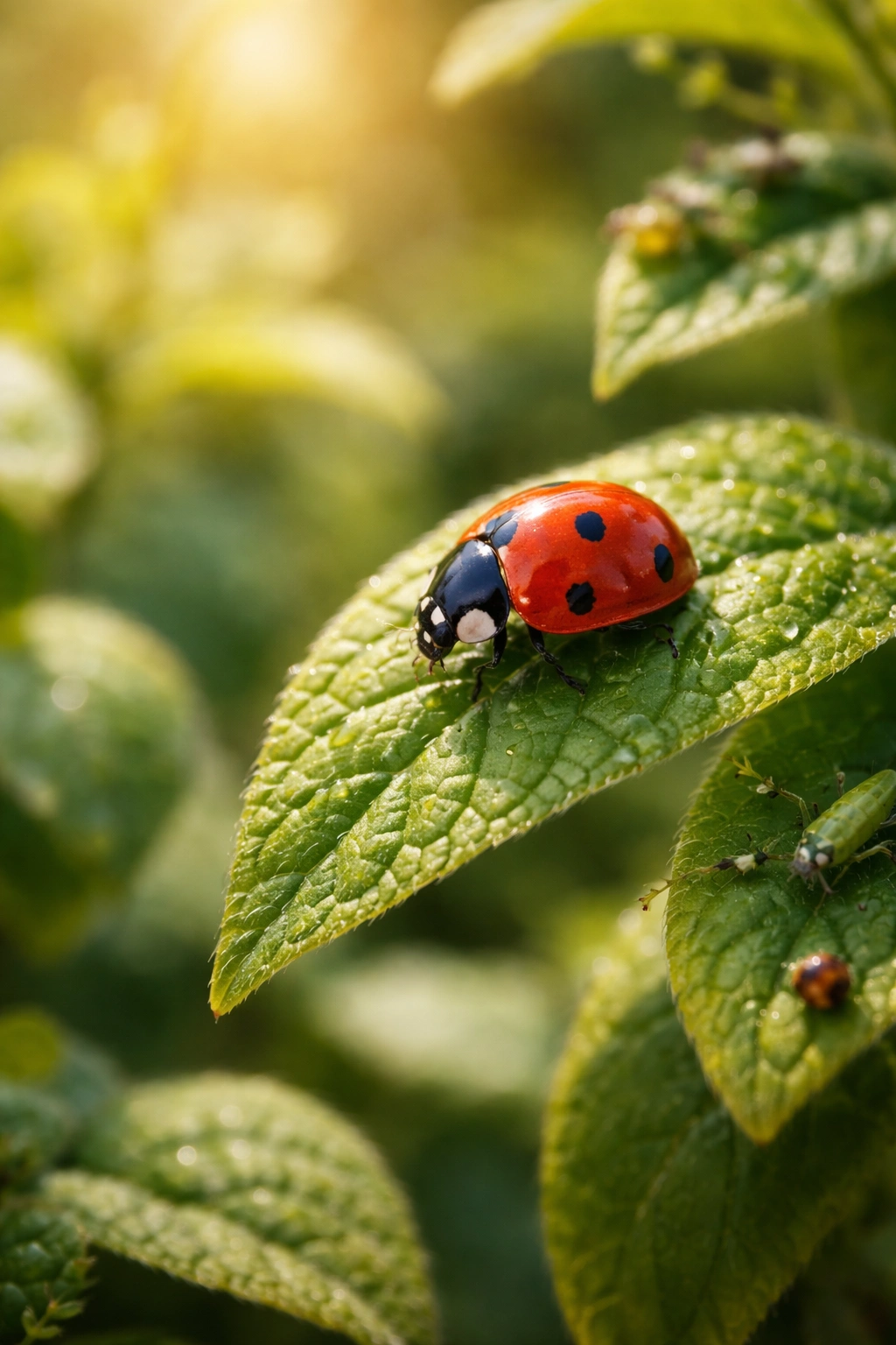 Ladybug on a leaf in a garden, illustrating pest management.