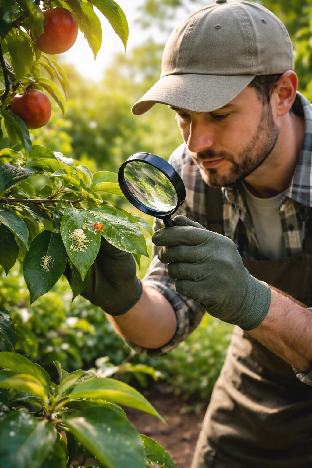 Gardener inspecting leaves for pests on a fruit tree with beneficial insects