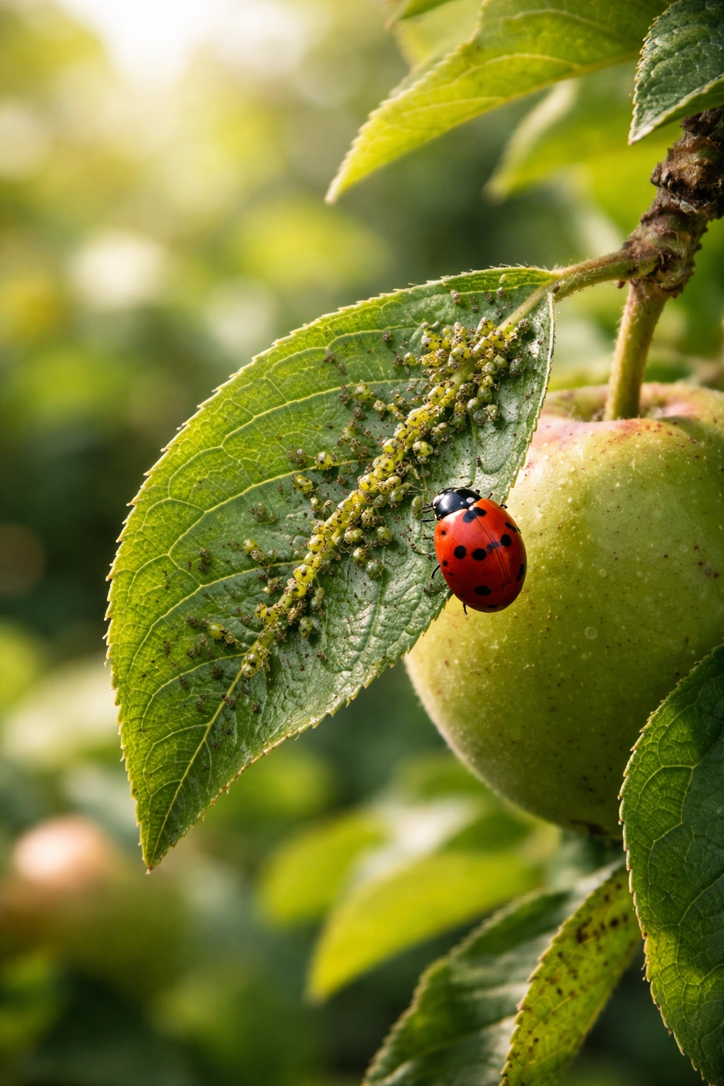 Close-up leaf with aphids and a ladybug illustrating pest management in a fruit garden